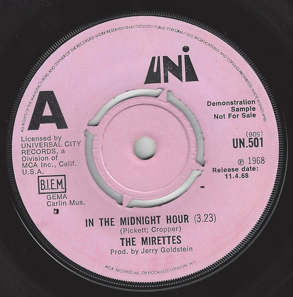 The Mirettes : In The Midnight Hour / To Love Somebody (7", Single, Promo)