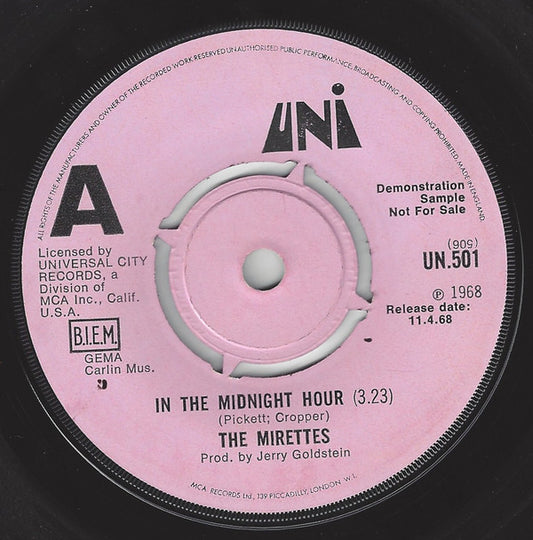 The Mirettes : In The Midnight Hour / To Love Somebody (7", Single, Promo)