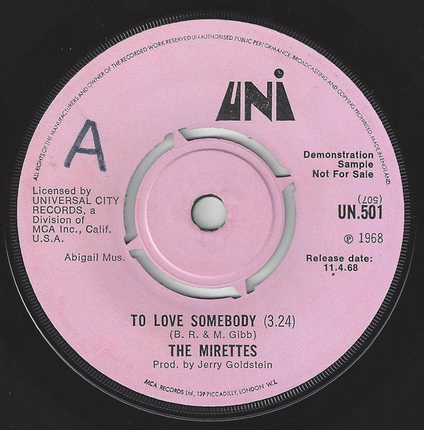 The Mirettes : In The Midnight Hour / To Love Somebody (7", Single, Promo)