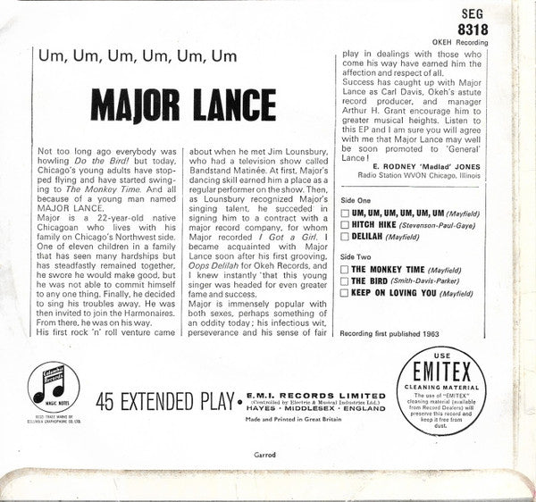 Major Lance : Um, Um, Um, Um, Um, Um (7", EP, Comp, Mono)