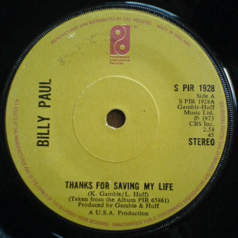 Billy Paul : Thanks For Saving My Life (7", Single)